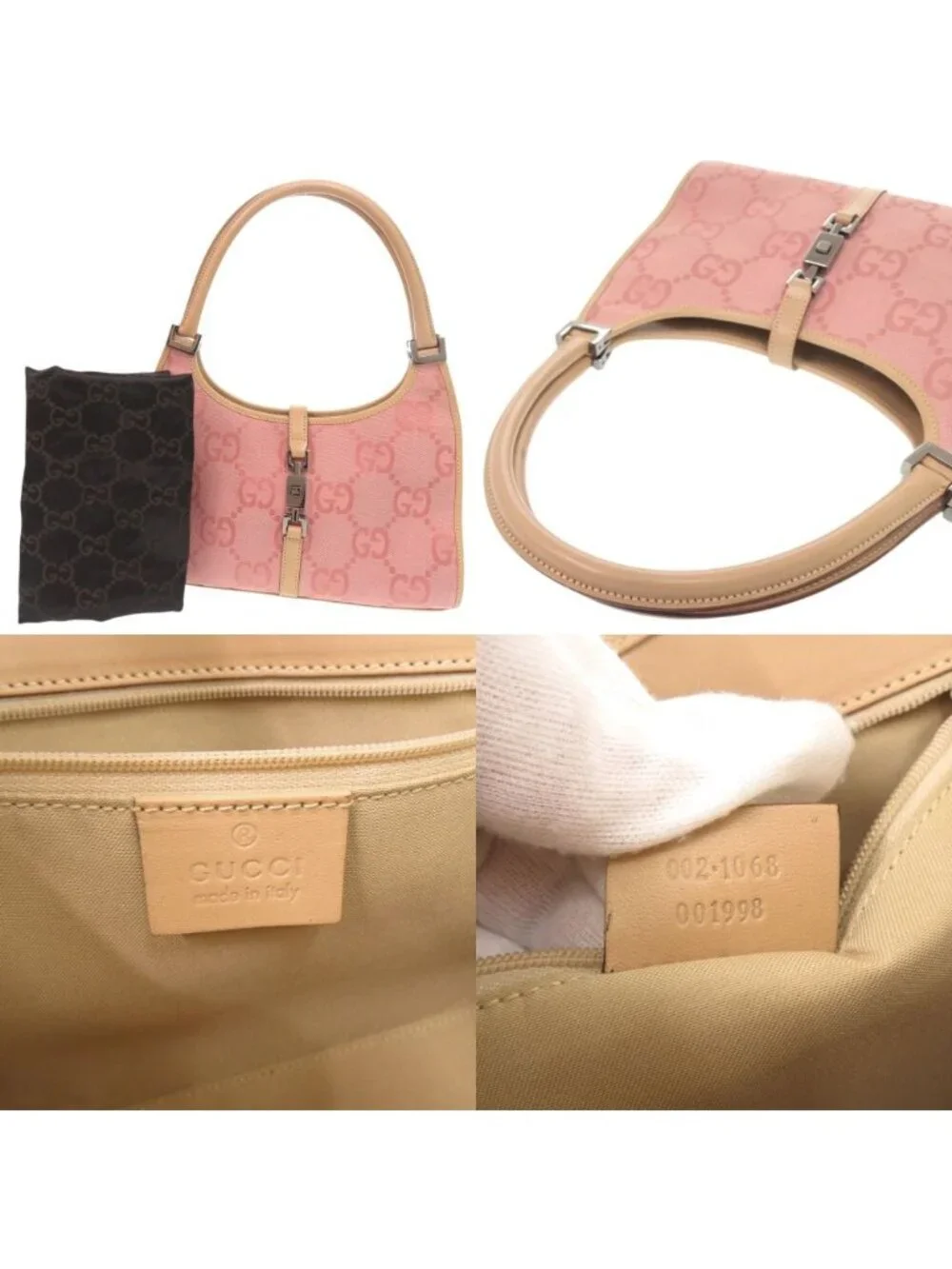 Gucci Vintage Jackie GG Pattern Canvas Leather Pink Beige Shoulder Bag